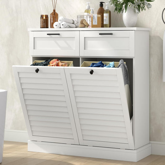 Double Tilt Out Laundry Hamper Cabinet, 30 Gallon Trash Can Cabinet with Shutter Front & 2 Drawers, Hidden Garbage Can Bin Cabinets with 2 Laundry Storage Basket for Bathroom, Kitchen (White, Full)
