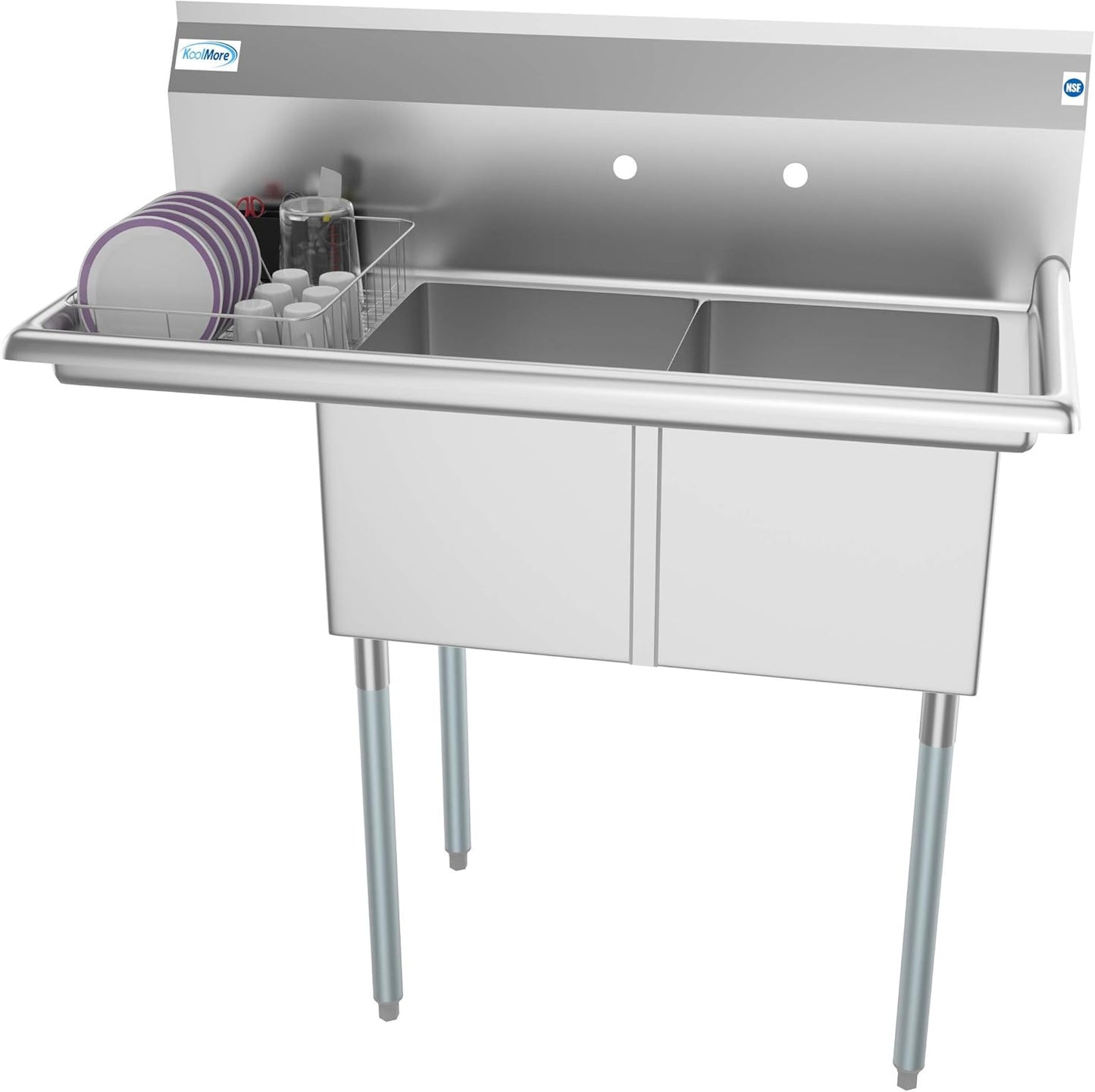 KoolMore 2 Compartment Stainless Steel NSF Commercial Kitchen Prep & Utility Sink with Drainboard - Bowl Size 14" x 16" x 11"