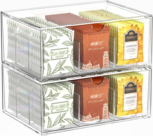 2 Pack Clear Tea Bag Organizer, Stackable Drawer Organizer with Dividers for Pantry Bathroom Vanity Kitchen - Cabinet Countertop Shelf Plastic Storage Bins for Coffee/Makeup/Cosmetic/Crafts/Underwear
