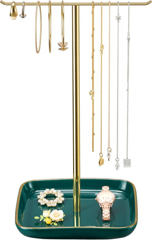 Jewelry Holder Stand with Ceramic Base: 12" Tall Necklace Organizer Rack, Tree Design Display Storage for Necklaces, Bracelets, Rings, Earrings, Aesthetic Room Décor for Girls and Women, Green