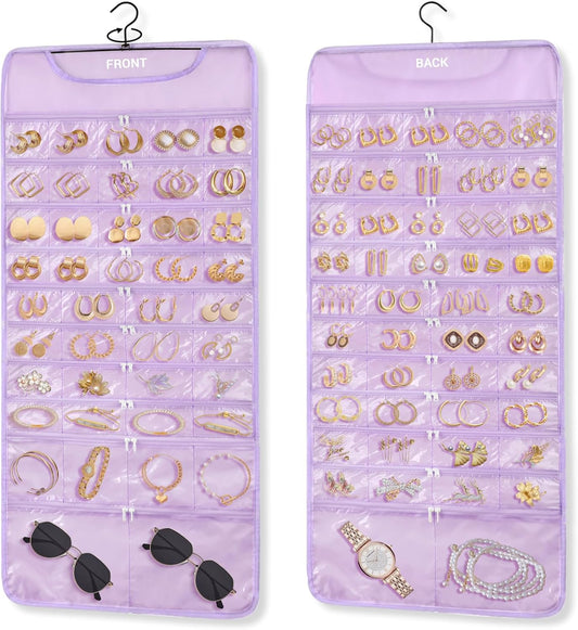 FOREGOER Hanging Jewelry Organizer with 88 Zippered Pockets, Dustproof Foldable for Travel, Accessories Organizer for Holding Jewelries Earring Organizers and Storage (Purple)