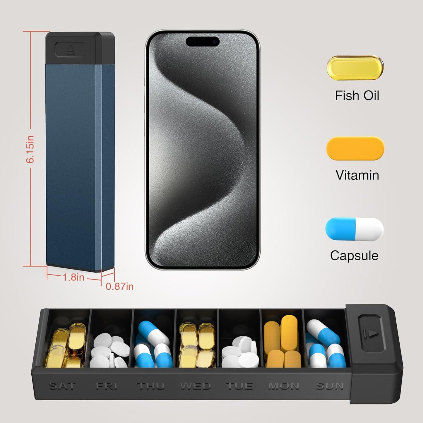 HEIYING Pill Organizer with Aluminum Shell for One Week Capacity, Portable 7 Compartments Pill Box Container to Hold Vitamin, Medicine, Supplements