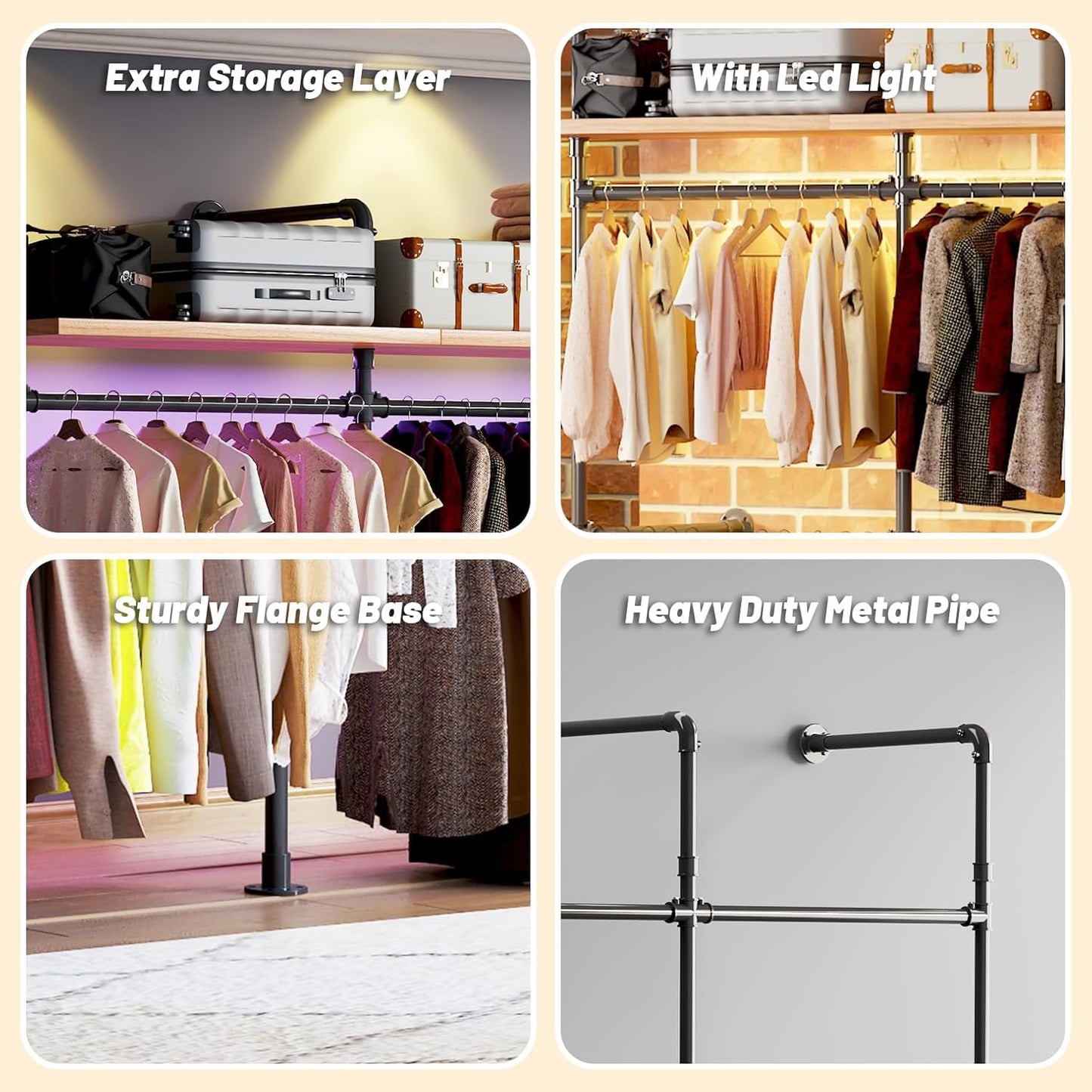 Industrial Pipe Clothing Rack, Reversible 118.3'' Clothes Rack for Hanging Clothes, Black Wall Clothing Rack Wall Mounted Rack for Walk-in Closet, Laundry Room or Retail Display (丨丨丨)