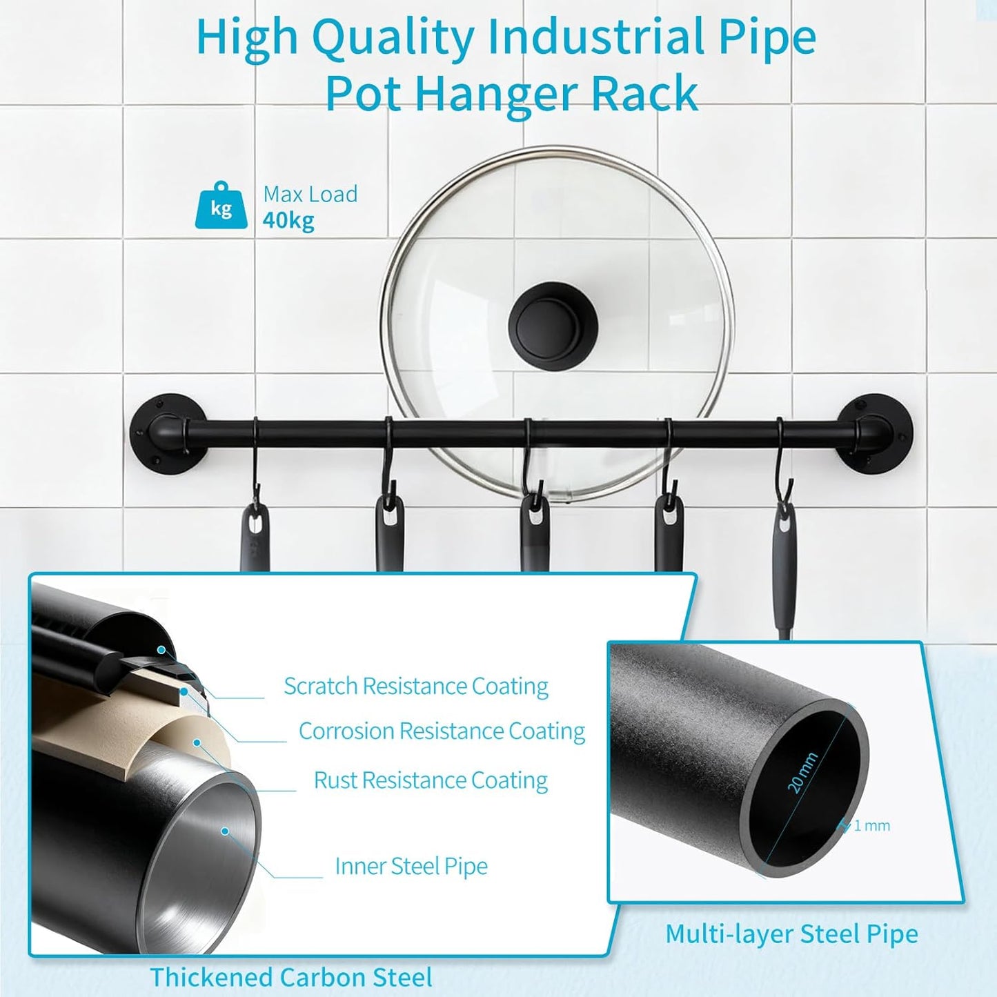 Pan Pot Lid Organizer Set of 2 Wall Mounted Industrial Pipe Kitchen Hanger Rack For Pan Pot Lid Utensils Mugs Kitchen Storage Hanging Bar With 10 Hooks