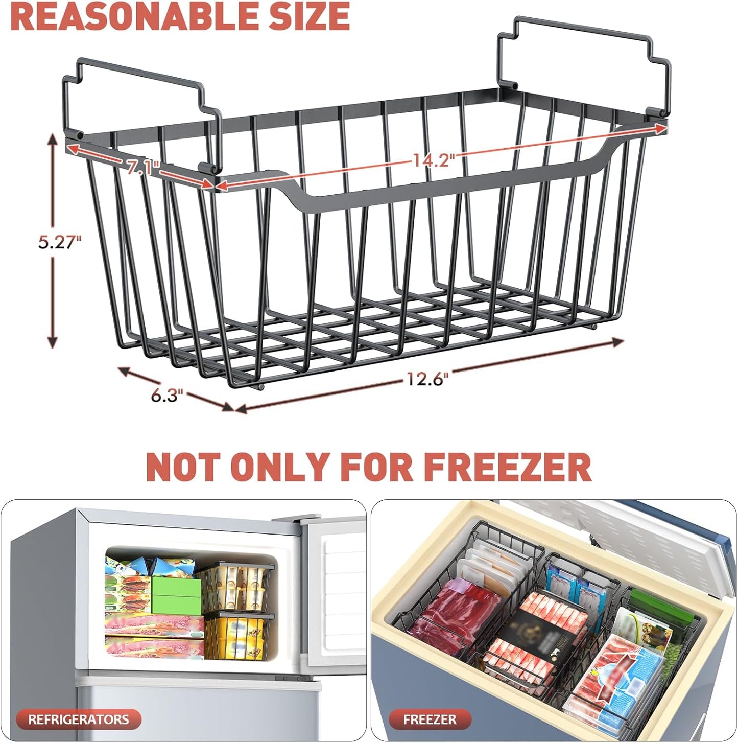 Goovilla Freezer Organizer Bins with Foldable Handle, 8 Pack Stackable Freezer Baskets for 3.5-7 Cu.FT Deep Chest Freezer Organization, Coated Metal Freezer Storage Bins with Better Space Utilization