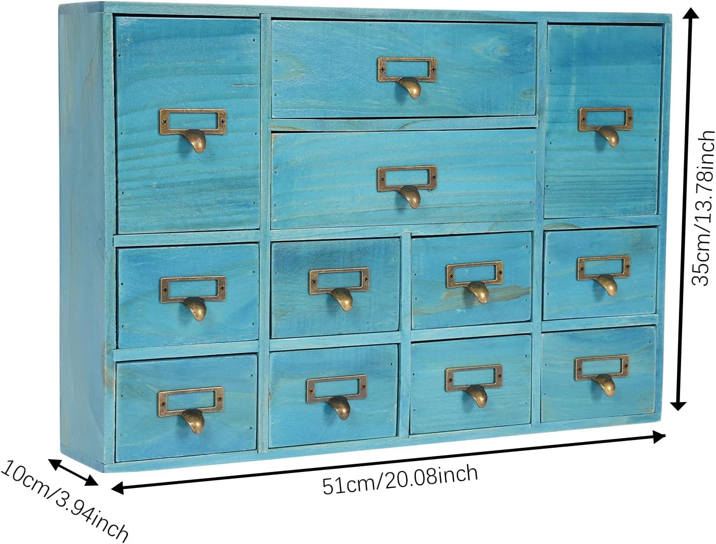12-Drawer Wooden Storage Cabinet Organizer, Apothecary Cabinet Vintage Library Card Catalog Cabinets for Countertop Apothecary Tea Coffee Pod Storage (Blue)