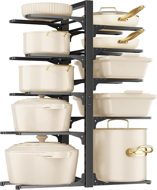 MUDEELA 10-Tier Pots and Pans Organizer under Cabinet, 23.62" Height Heavy Duty Pot and Pan Organizer Kitchen Cabinet Organization and Storage, Adjustable Pot Rack for Frying Pan, Cast Iron Skillet
