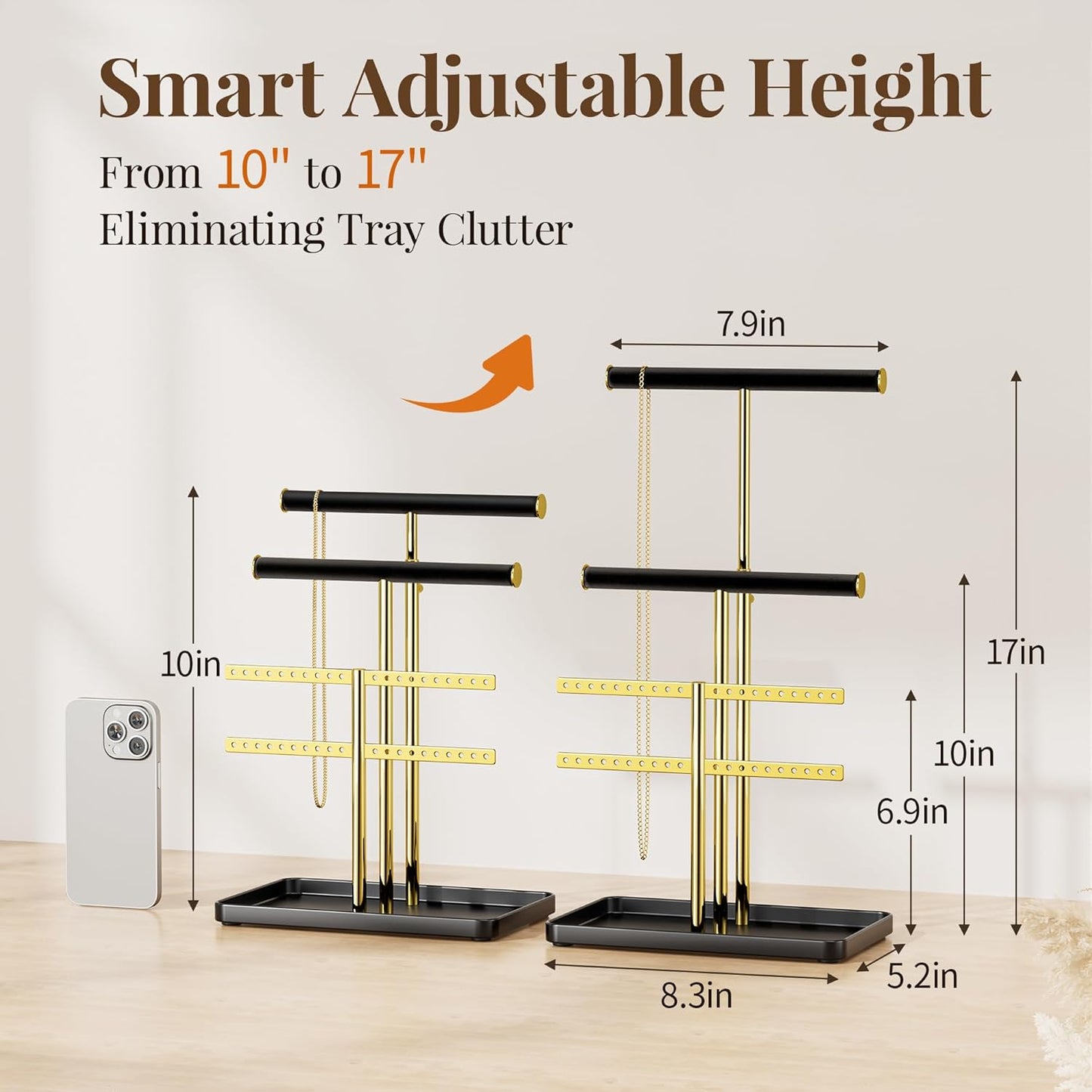 pickpiff Jewelry Holder Organizer with Velvet, Adjustable 10"-17" Tall, Metal Stand for Display Bracelet, Necklace, Earrings, Rings, Black and Gold
