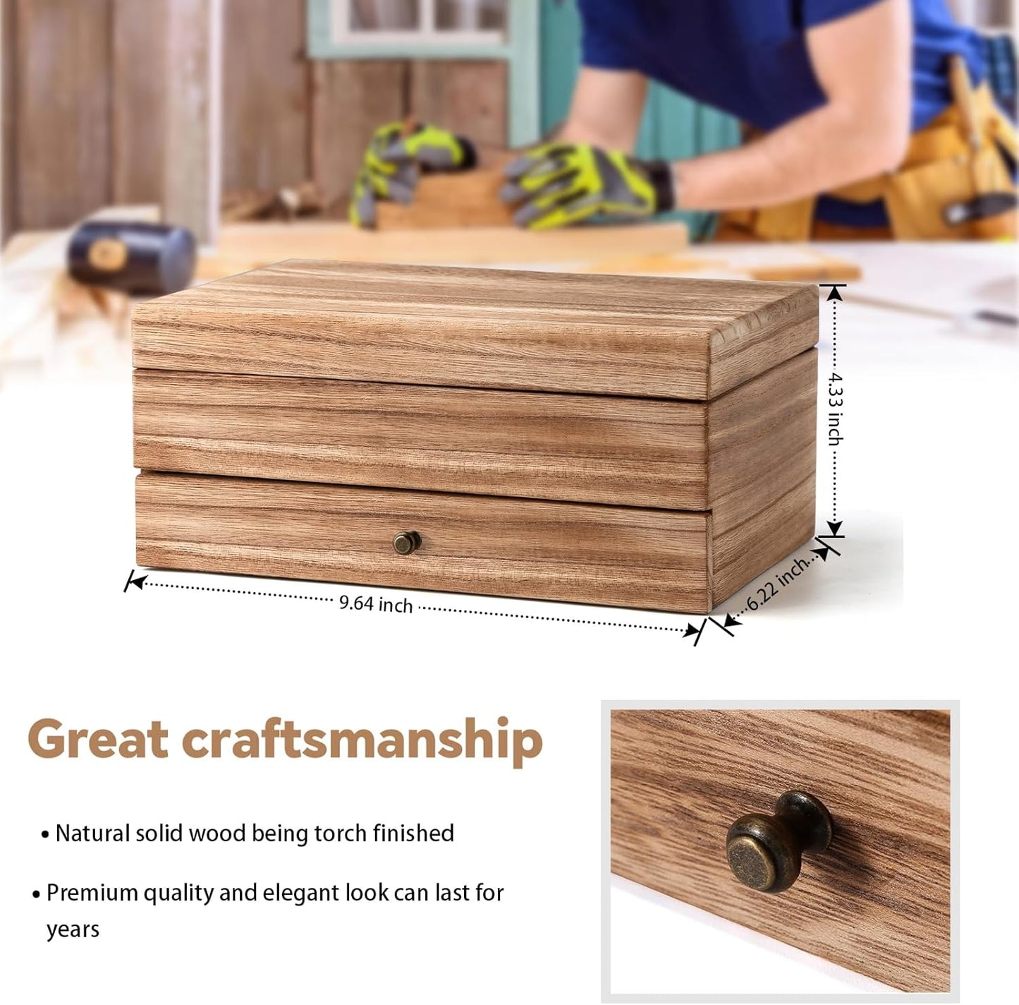 Meangood Jewelry Box Organizer for Women, 2 Layer Large Jewelry Storage Case, Rustic Wooden Jewelry Box with Mirror & Ring Tray for Necklace Earring Bracelets Rings, Vintage Style (Torched Wood)