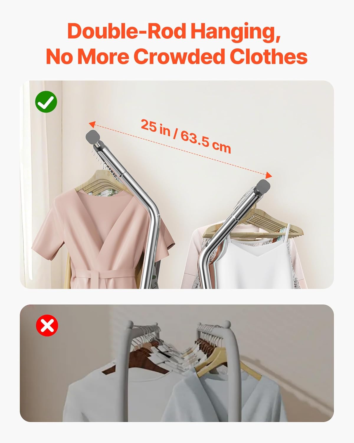 VEVOR Clothes Rack, Rolling Clothing Garment Rack, Extendable Carbon Steel Clothing Racks with Wheels for Bedroom, Laundry, Living Room