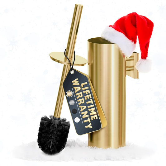 Gold Toilet Brush and Holder Set with Wall Mount - Modern Wall Mounted Toilet Brush Made from Corrosion-Resistant Stainless Steel - Removable Inner Bowl, Splash Protection & Dense Bristles Supplied