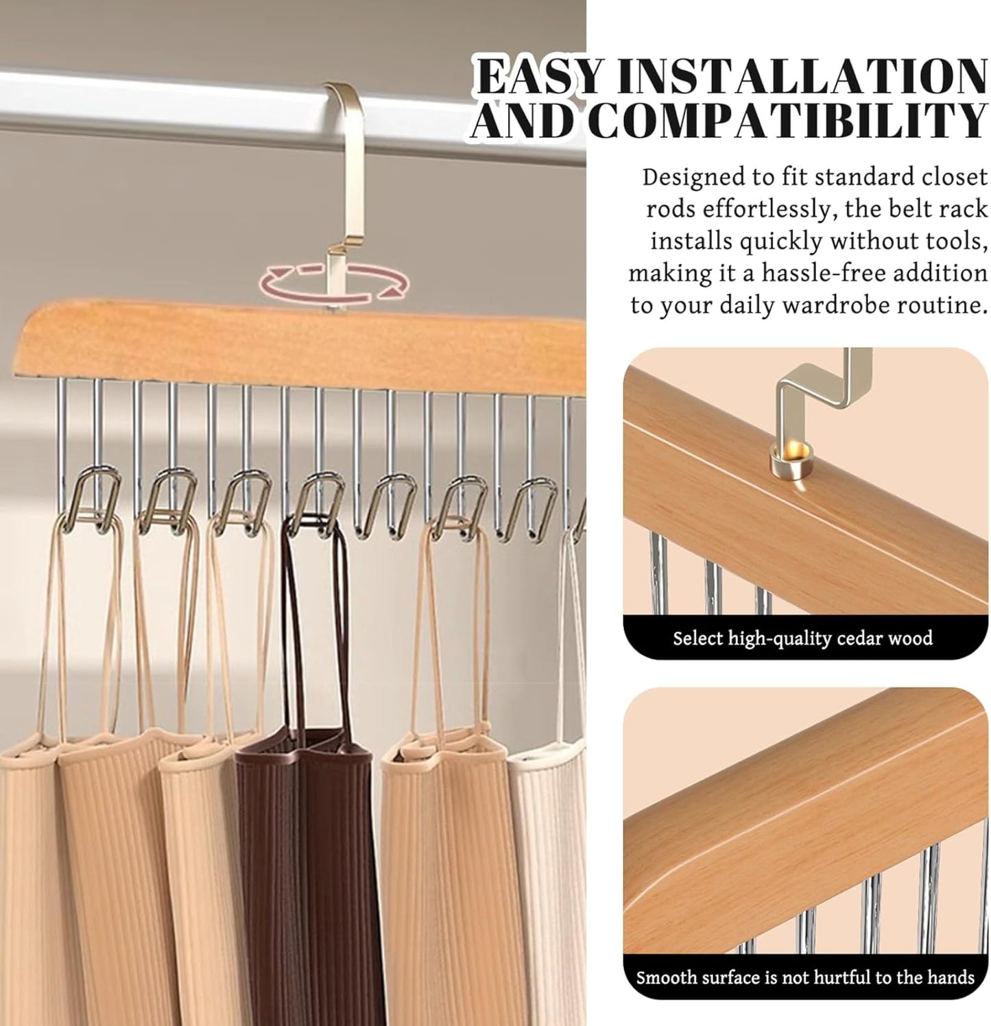 4PCS Belt Hanger for Closet with 8 Hooks Non-Slip Wooden Belt Hook Space-Saving for Ties, Scarves, Bras