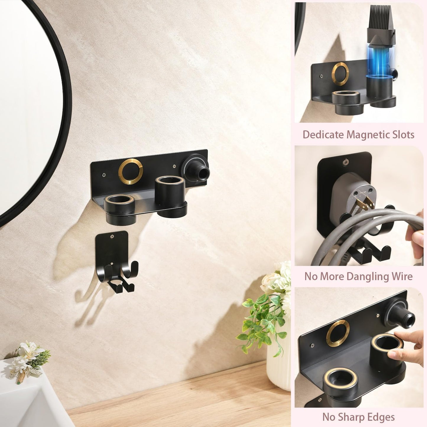 Dyson Hair Dryer Holder, Hair Dryer Wall Mount Hanger for Supersonic Nural, 5 Attachments Magnetic Aluminum Anti-Scratch Dyson Blow Dryer Holder with Cord Hook, No-Drill/Screw Installation UEMUSI