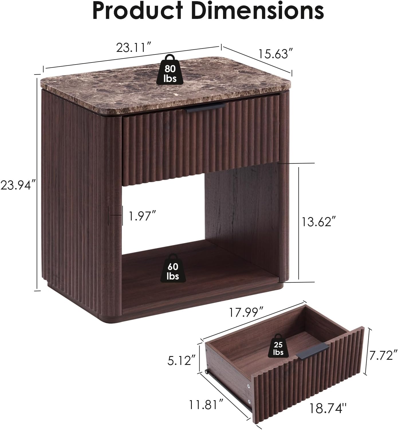 Fluted Nightstand with Drawer, Bedside Table with Faux Marble-Top, Engineered Wood Side Table with Open Shelf, Curved Corners, Metal Handle, Modern Night Stand for Bedroom, Small Spaces, Dark Oak