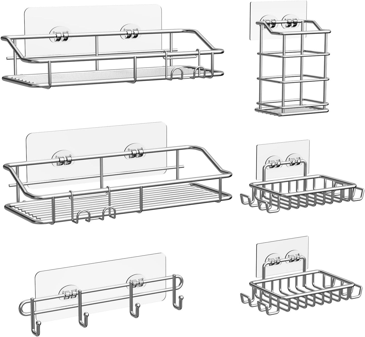 Nieifi Shower Caddy Shelf with Hooks Storage Rack Organizer Adhesive Stainless Steel without Drilling for Bathroom, Lavatory, Washroom, Restroom, Shower, Toilet, Kitchen (Sliver, 6 Pack)