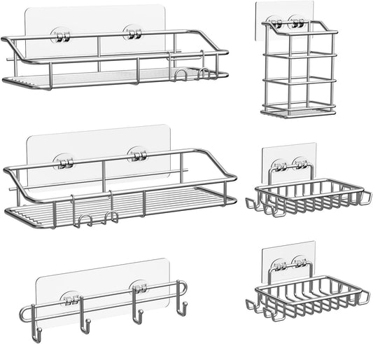 Nieifi Shower Caddy Shelf with Hooks Storage Rack Organizer Adhesive Stainless Steel without Drilling for Bathroom, Lavatory, Washroom, Restroom, Shower, Toilet, Kitchen (Sliver, 6 Pack)