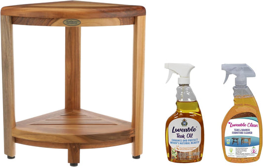 EcoDecors Fully Assembled SnazzyCorner® 18" Teak Shower Bench, Corner Shower Stool, w Shelf, Plus Loveable Teak Oil Spray Bottle 24 oz, Loveable Teak Cleaner 32 oz, Space Saver Corner be