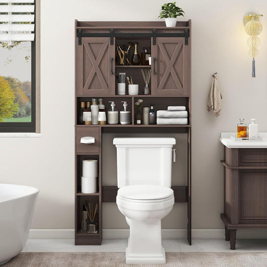 Vabches Over The Toilet Storage Cabinet, Farmhouse Storage Cabinet Over Toilet with Sliding Doors & Toilet Paper Holder Stand，Home Space-Saving Toilet Rack, for Bathroom, Laundry and Restroom
