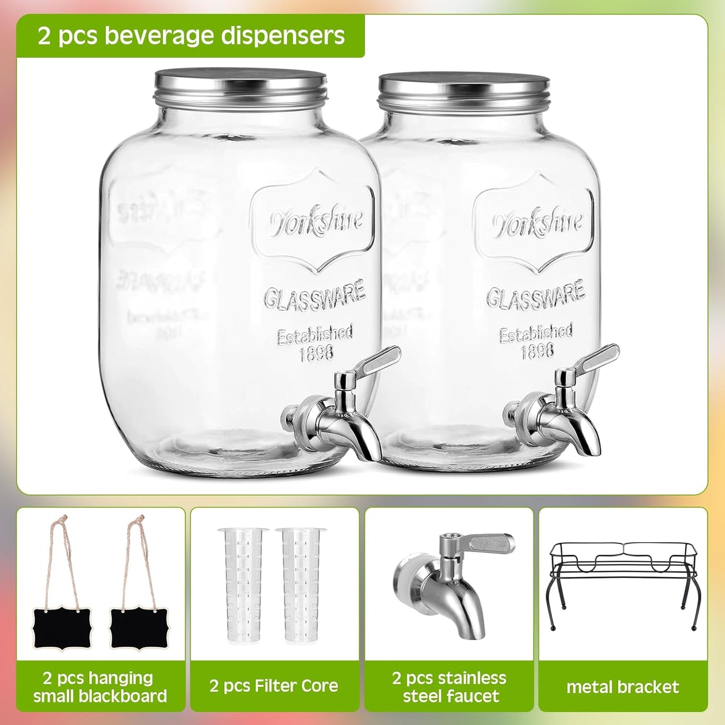 Lallisa 2 Pcs 2 Gallon Glass Drink Dispenser with Stand Ice Cylinder Hanging Chalkboard Signs 18/8 Stainless Steel Spigot Beverage Dispensers for Parties Mason Jar Drink Lemonade (Silver Spigot)