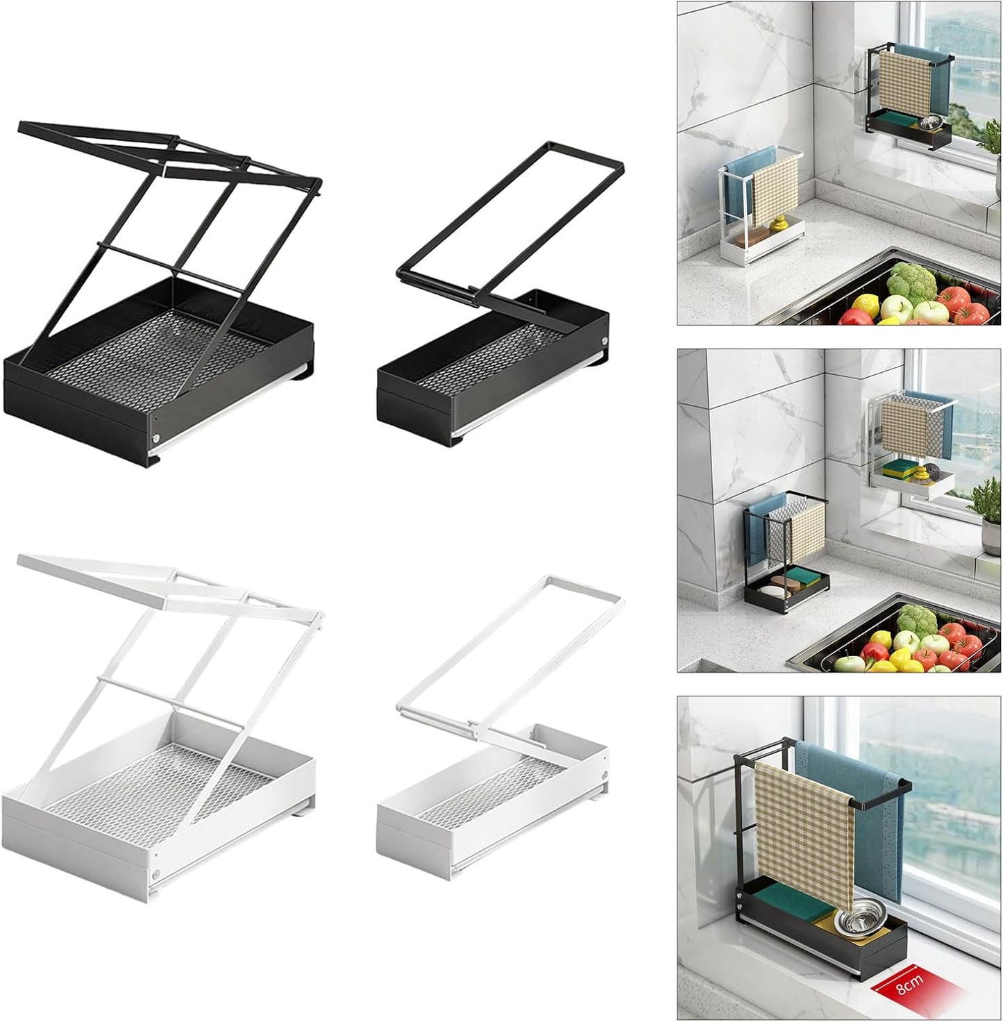 Collapsible Sink Holder Kitchen Tool Organizer Drain Tray with Cleaning Supplies Holder Storage Rack for Brushes and Detergent