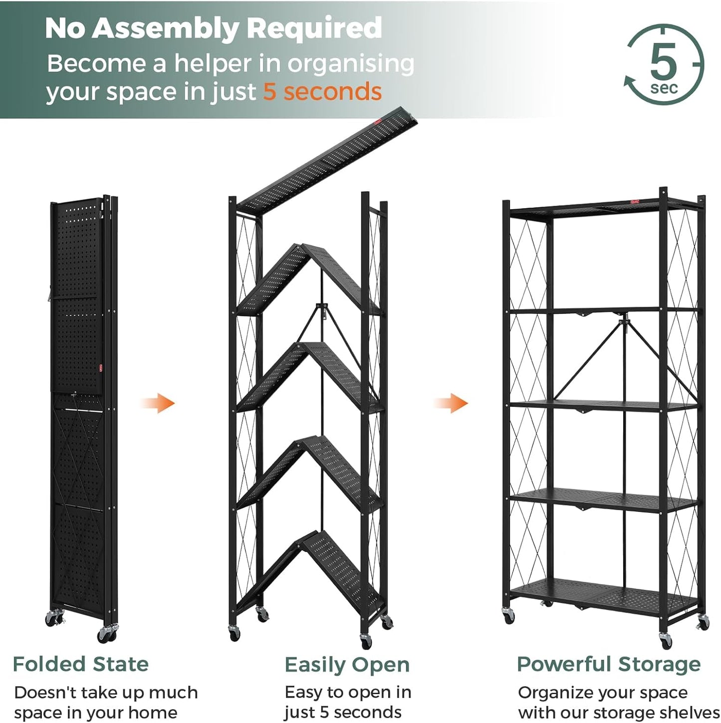 DEANIC 5 Tier Foldable Storage Shelves with Wheels, Large Capacity Shelving Unit, Freestanding Metal Wire Shelf Rack, No Assembly Organizer Rack for Garage Kitchen, Basement, Pantry(Black Pack of 3)