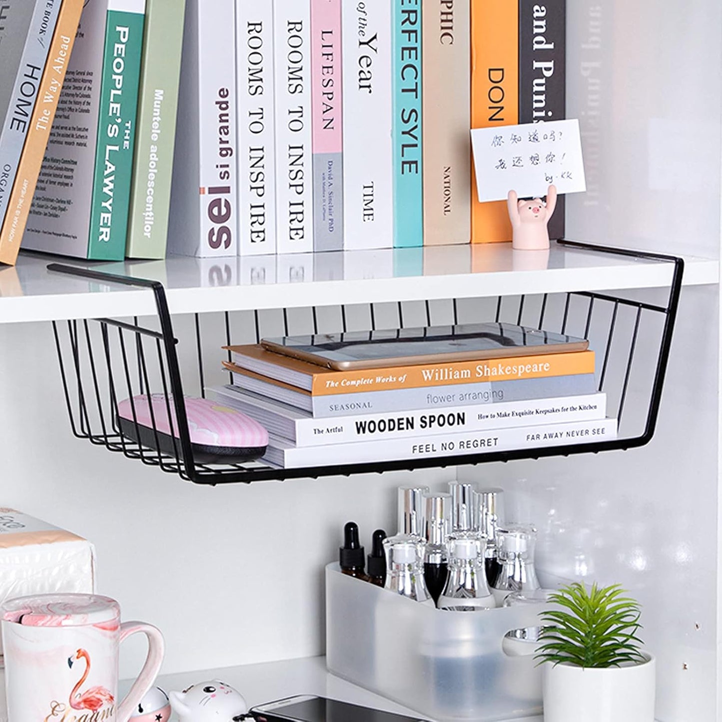 Undershelf Wire Storage Basket, Household Metal Hanging Bin Slides for Space Saving for Kitchen Pantry Bookshelf (Small, 2 PCS)