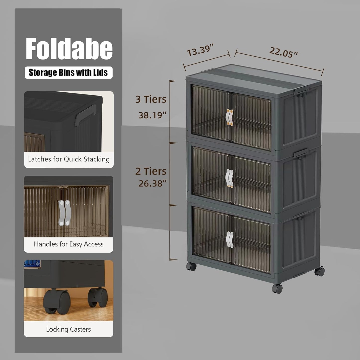 Stackable Storage Bins, Plastic Storage Bins with Lid and Wheels, Collapsible Storage Containers with Magnetic Doors, Foldable Storage Boxes for Home, Pantry, Office (M, Gray 3-Tier)