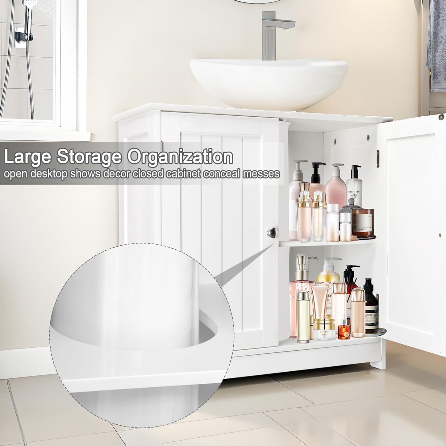 Pedestal Sink Storage Cabinet, Under Sink Cabinet with 2 Doors and Adjustable Shelf, Bathroom Sink Cabinet with U-Shape Cut-Out, Under Pedestal Sink Storage Cabinet for Bathroom, White