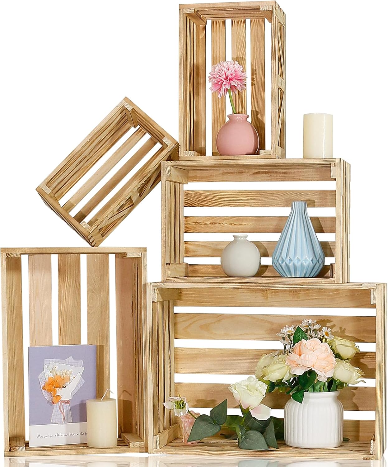 5 Pcs Decorative Wooden Crates for Display, Wood Storage Crate for Home Rustic Nested Crates with Handles, Farmhouse Wooden Basket for Storage Container and Decorations