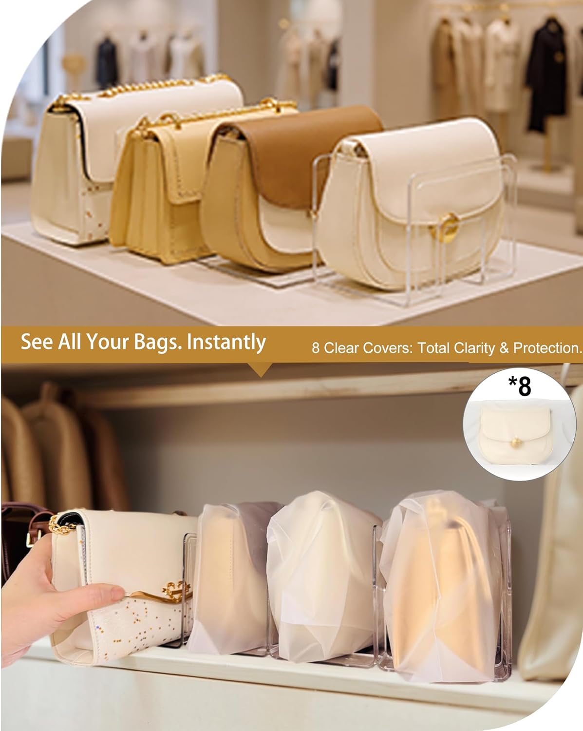 2-Pack Purse Organizers for Closet with 8 translucent Dustproof Storage Bags, Clear Acrylic 8-Slot Handbag Storage Shelf, No Assembly – Keeps Your Handbags Upright, Clear L