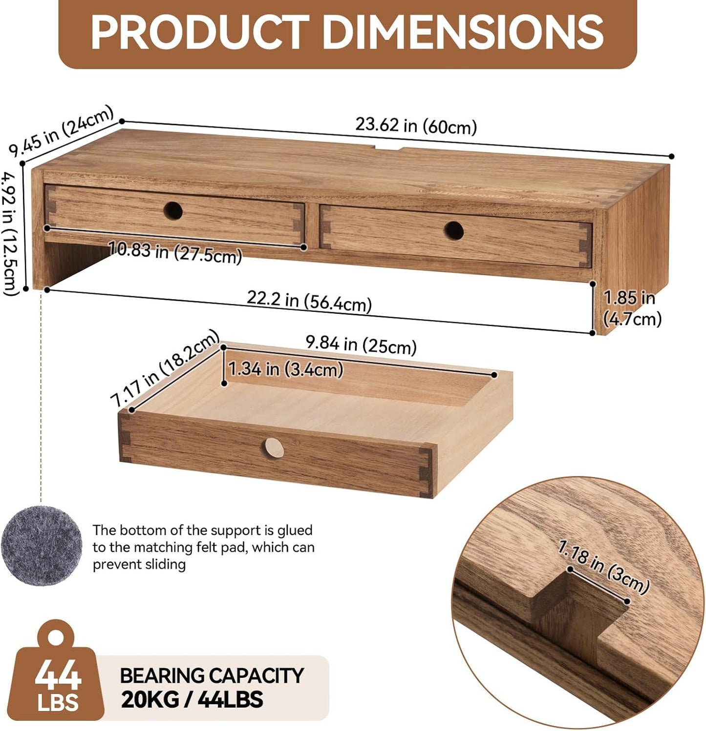 KIRIGEN Wood Monitor Stand with 2 Drawers - Computer Arm Riser Desk Storage Organizer,Speaker TV Laptop Printer Stand with Pen Slot and Cable Management,Dark Brown Desktop Shelf for Office DBR-2PMJ