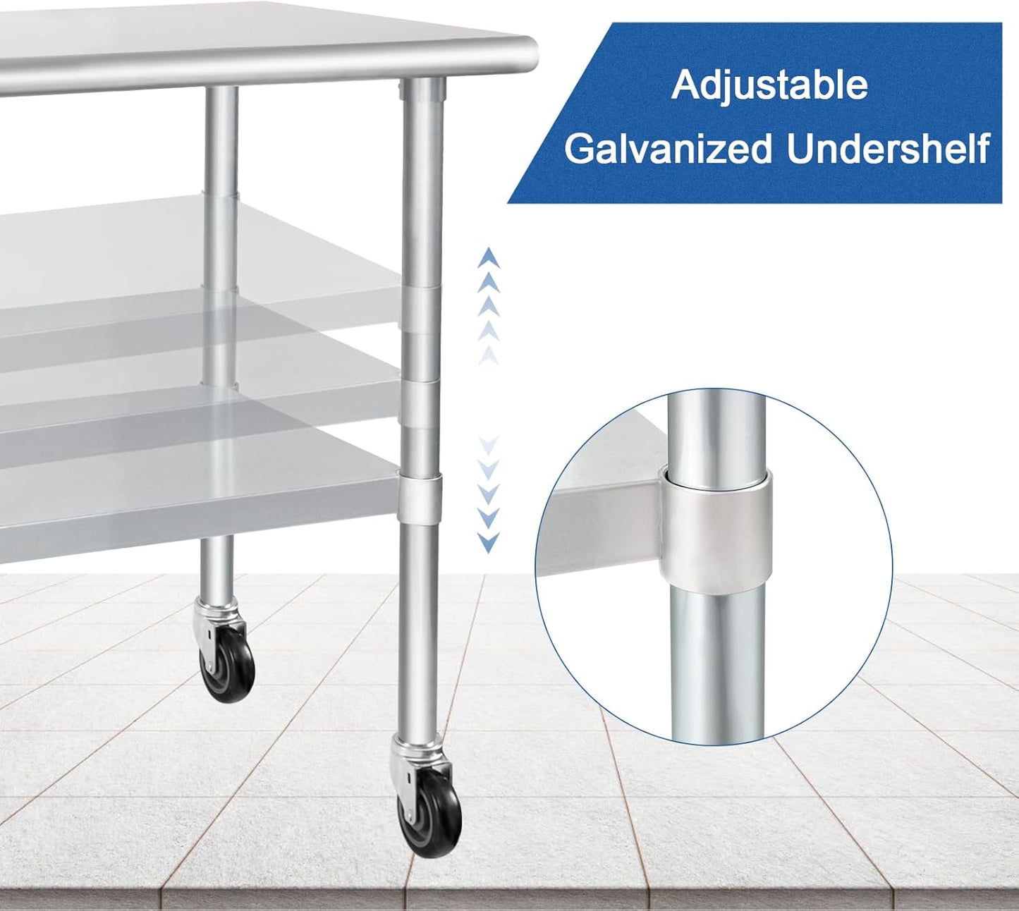 HARDURA Stainless Steel Table with Wheels 24 x 72 Inches Casters NSF Heavy Duty Commercial Work & Prep Table with Undershelf and Galvanized Legs for Restaurant Kitchen Bar and Hotel Garage