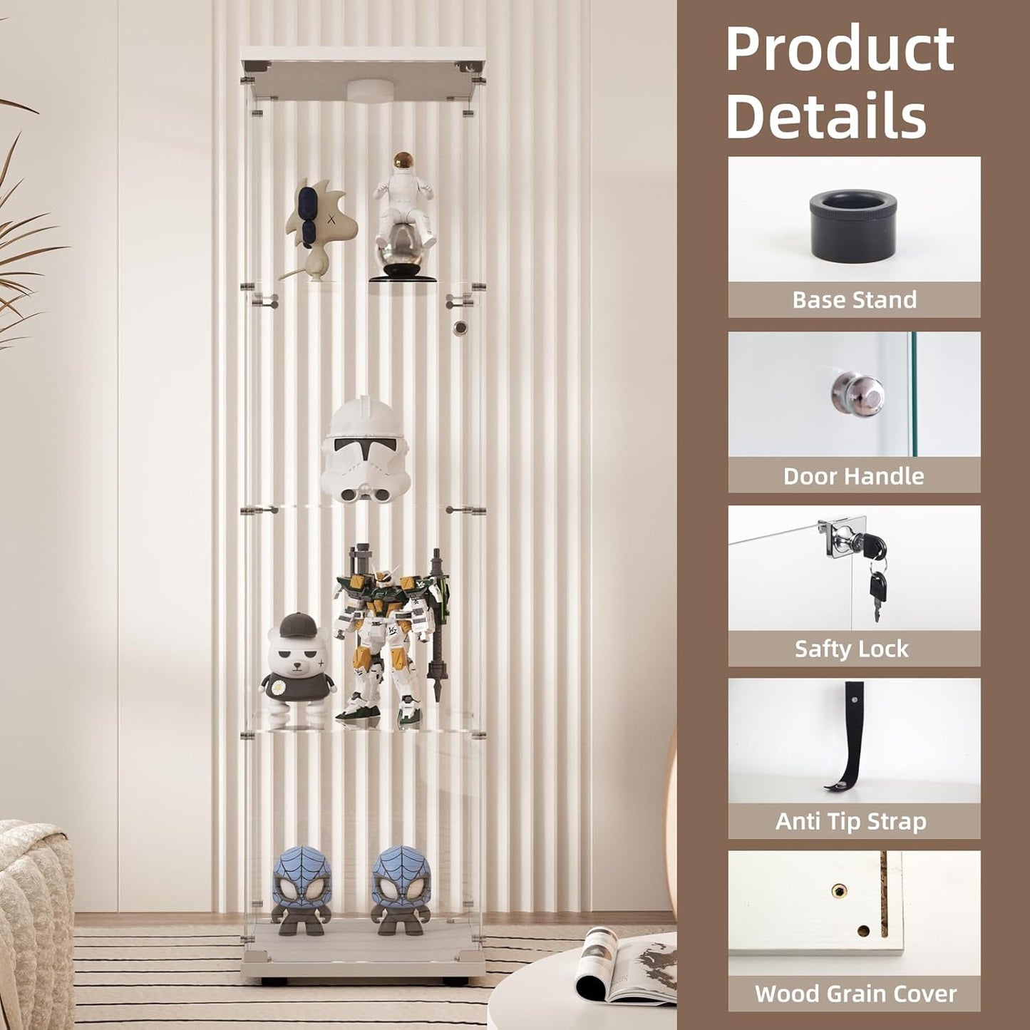 Beauty4U Glass Display Cabinet with LED Light, 4 Shelves, Curio Cabinets for Living Room, Bedroom, Office, White Floor Standing Glass Bookshelf, Quick Installation