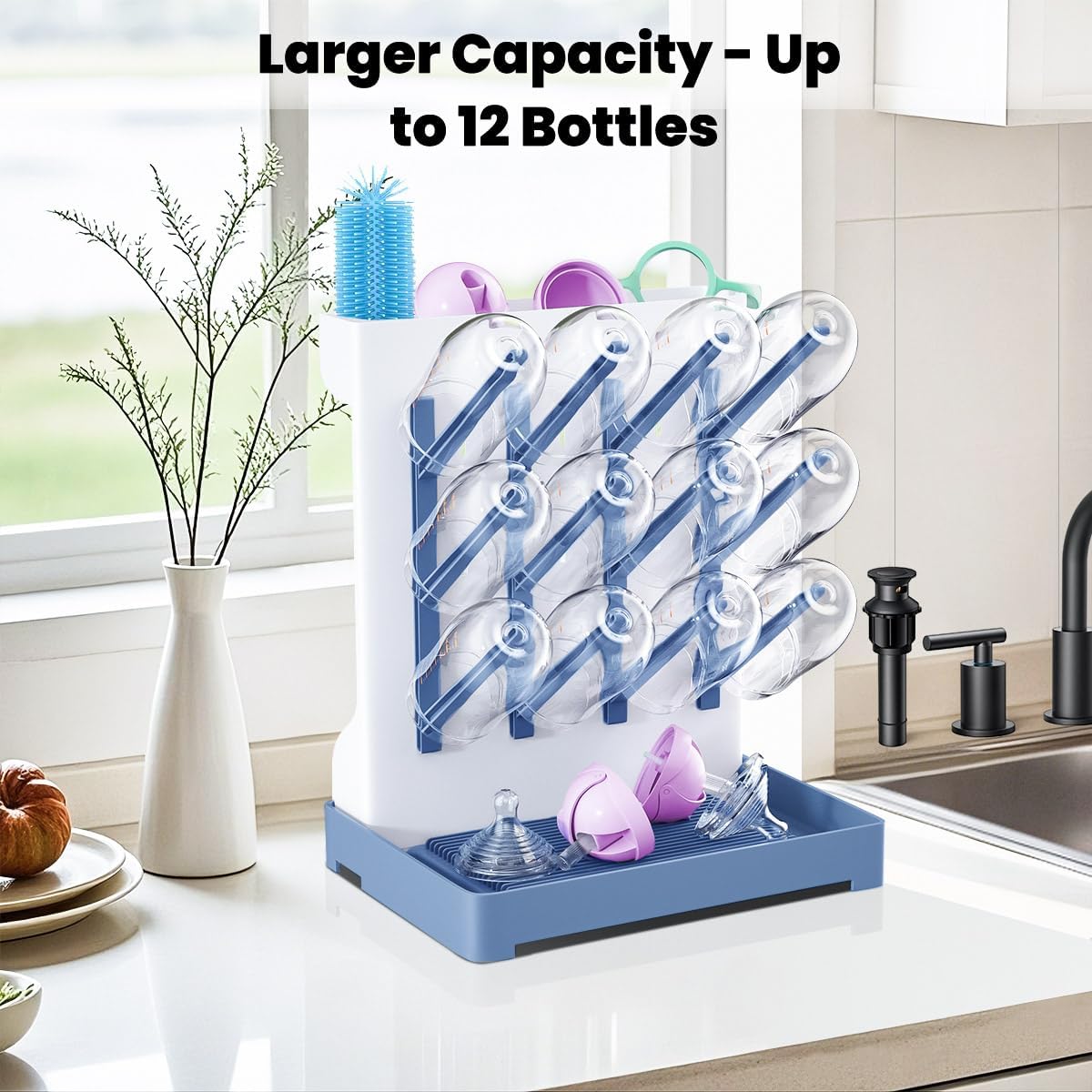 Baby Bottle Drying Rack: Vertical Space Saving Large Bottles Holder - Standing Boon Dryer Rack Baby Accessory - Countertop Holds Up to 12 Bottles & Pump Part Cleaning & Cup (Blue) (Blue)