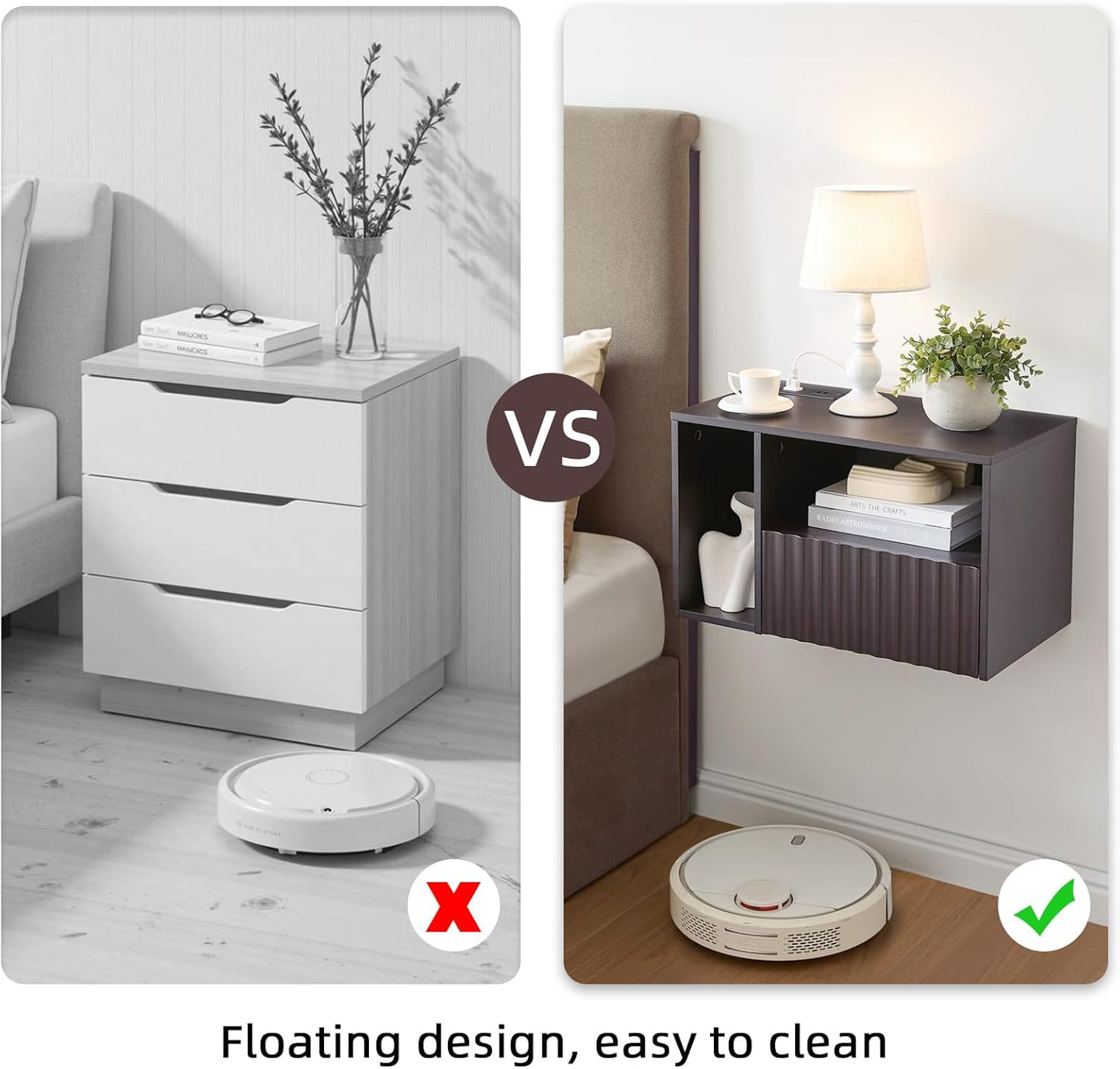 Modern Espresso Fluted Floating Nightstand with Charging Station, NightStand with Drawers, Bedside with USB Ports and Outlets, Bedroom Furniture (Set of 2)