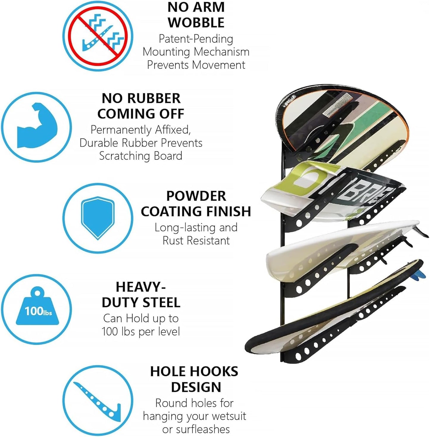 4 Board Surf Rack Wall Mount for Surfboard, Wakeboard, Snowboard Storage Adjustable Wall Hangers Boards Display