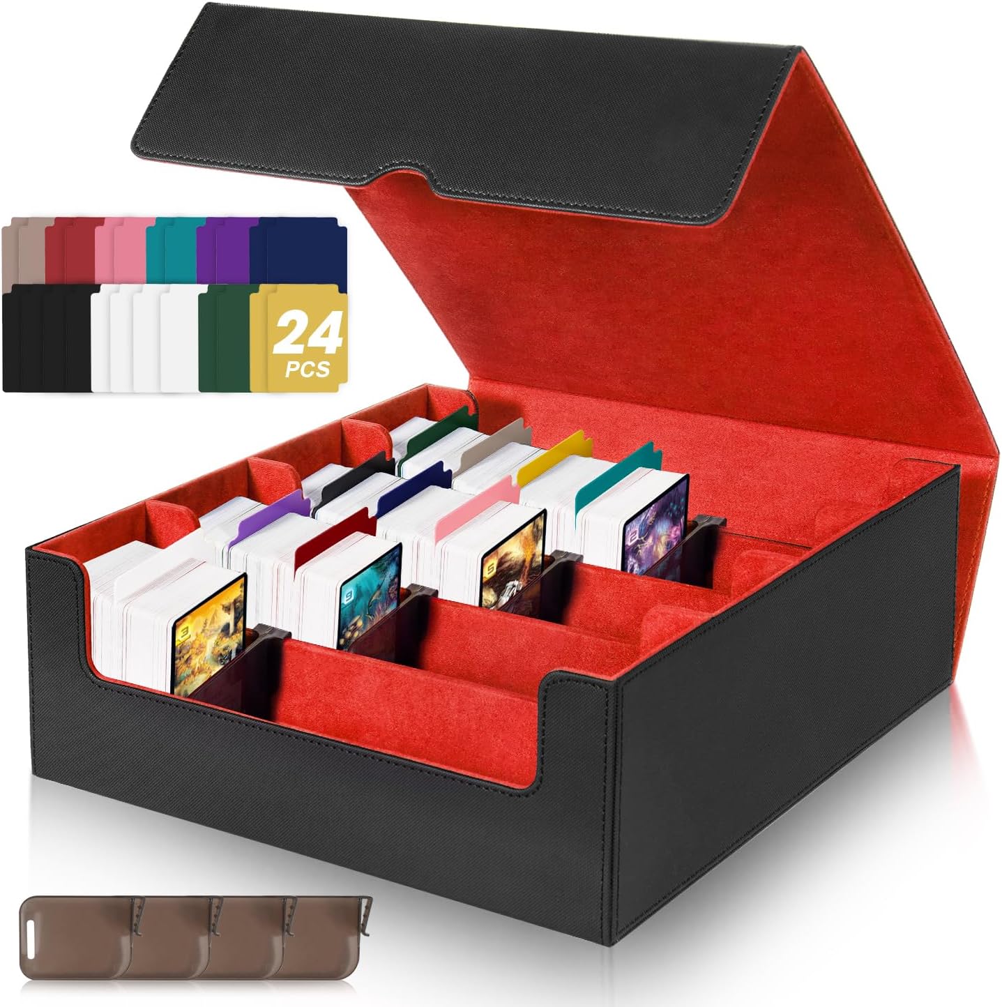 Red Card Organizer Box, 3000+ Trading Card Storage Box, PU Leather, 24 Dividers, Magnetic Closure, 4 Supporters, Card Holder Box For Game Sports Card