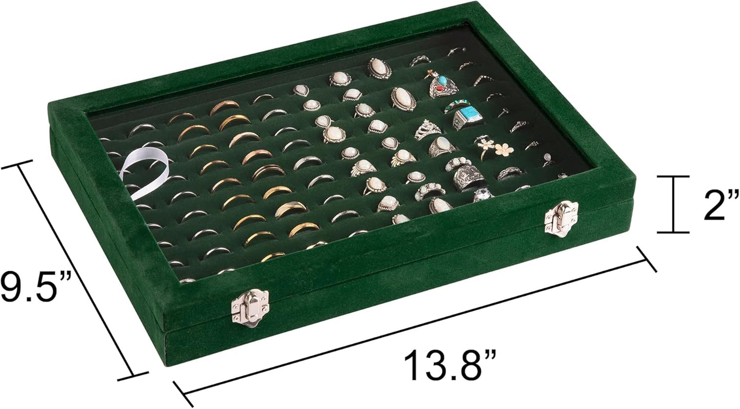 Frebeauty Ring Organizer Tray 100 Slots Ring Holder with Clear Lid Velvet Storage Box Jewelry Tray for Jewelry Store Earring Display Case for Jewelry Show Studs Box for Women(Blackish Green)