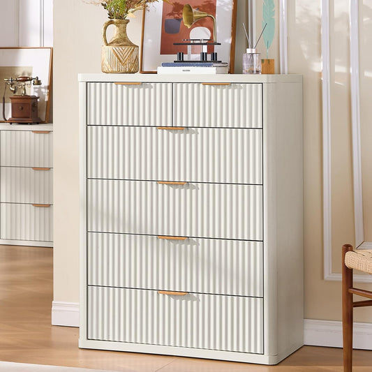LEYAOYAO Fluted 6 Drawers Dresser for Bedroom, 42" Tall Modern Chest of Drawers with Metal Handle, Curved Profile Design,White Wood Drawer Organizer for Bedroom, Living Room, Hallway, Entryway