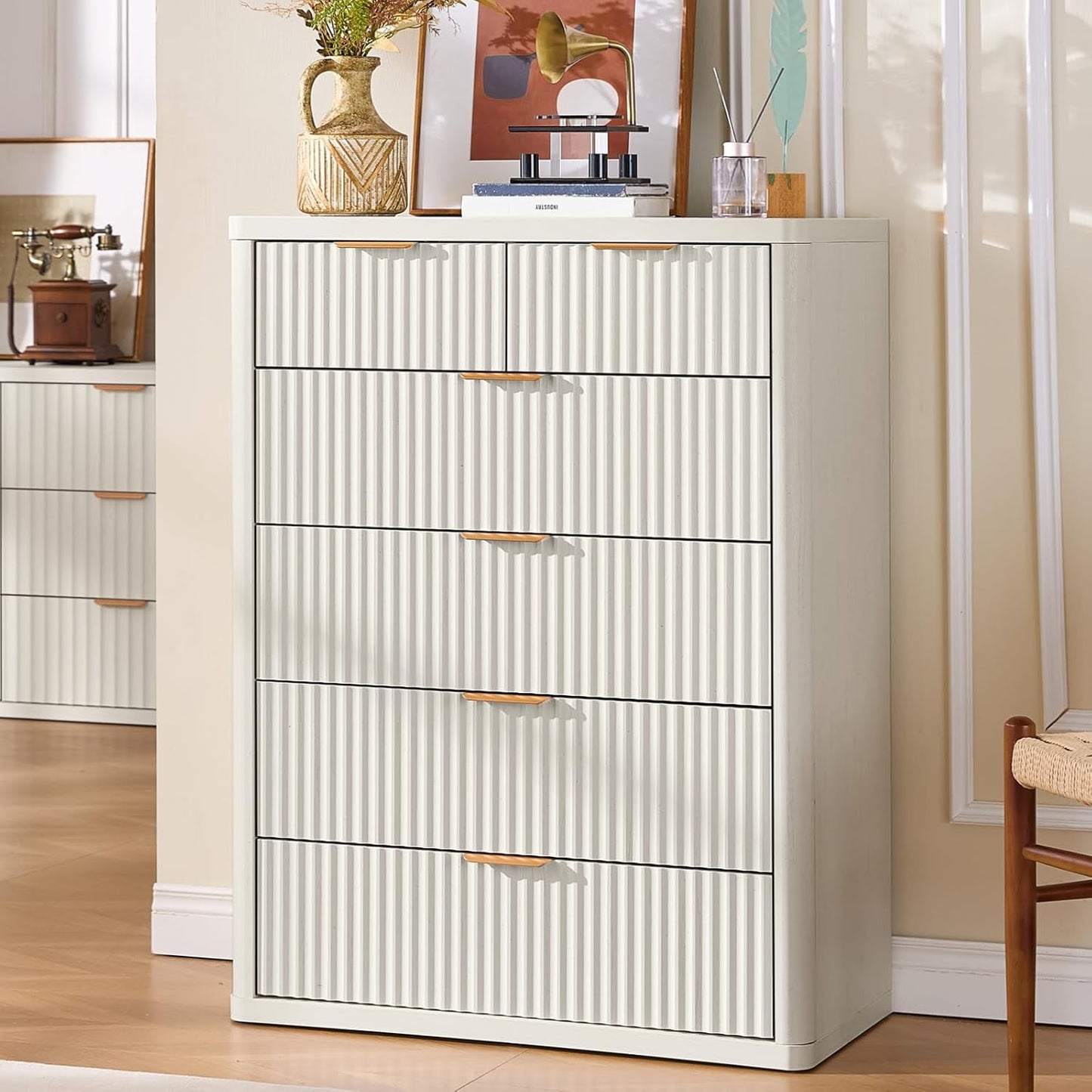 LEYAOYAO Fluted 6 Drawers Dresser for Bedroom Set of 2, 42" Tall Modern Chest of Drawers with Metal Handle, Curved Profile Design,White Wood Drawer Organizer for Bedroom, Living Room, Hallway