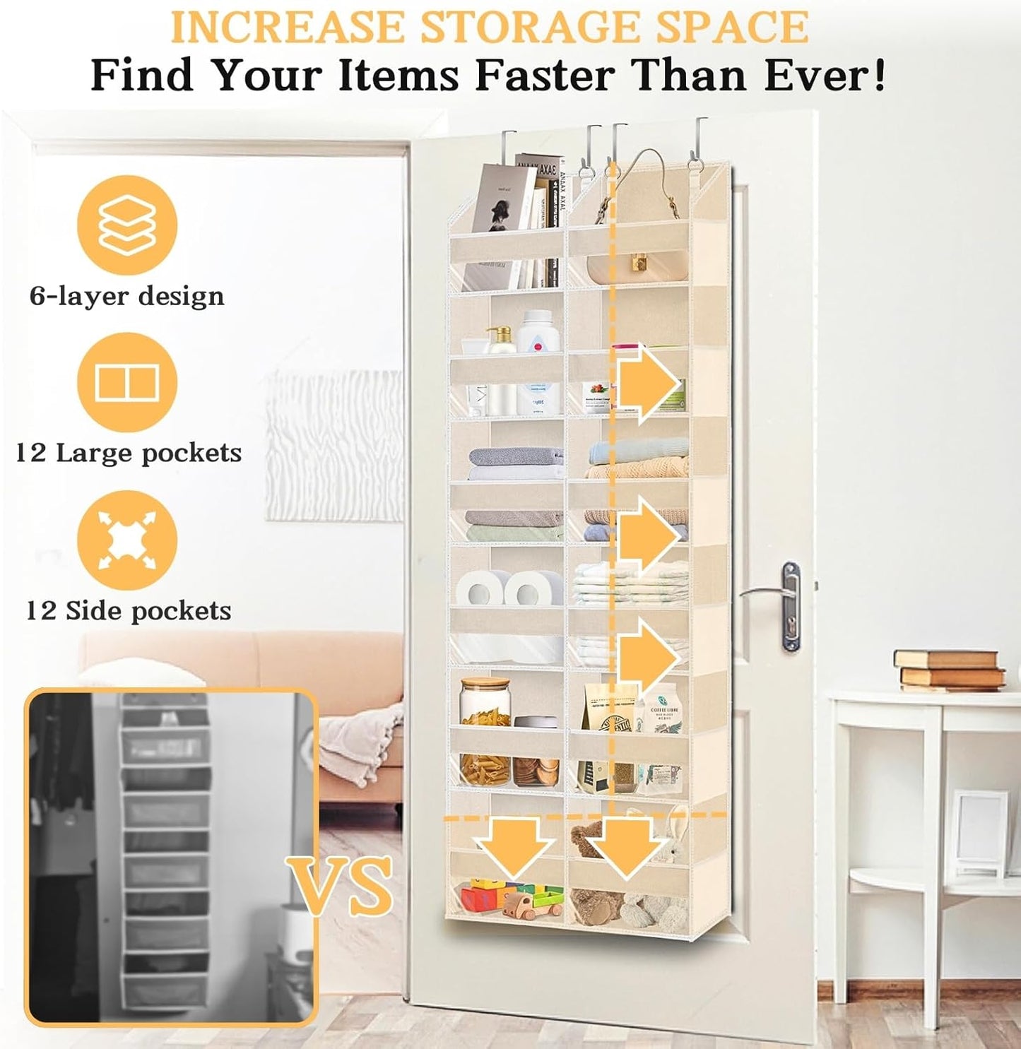 2 Pack Over The Door Organizer 6 Tiers, Extra Large Behind Door Storage of 12 Compartments, 80 lbs Weight Capacity Hanging Storage Organizer with Clear Window Kids Toys,Shoes (6 Tiers - Beige)