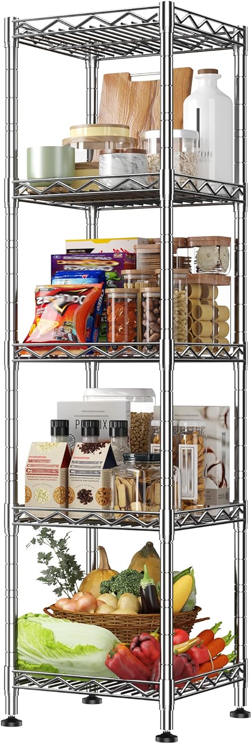 5 Wire Shelving Metal Shelves Storage Rack:Adjustable Storage Shelves Standing Shelf Units and Narrow Shelf for Laundry Bathroom Kitchen Pantry Closet Office 12''Wx12''Dx49''H Chrome