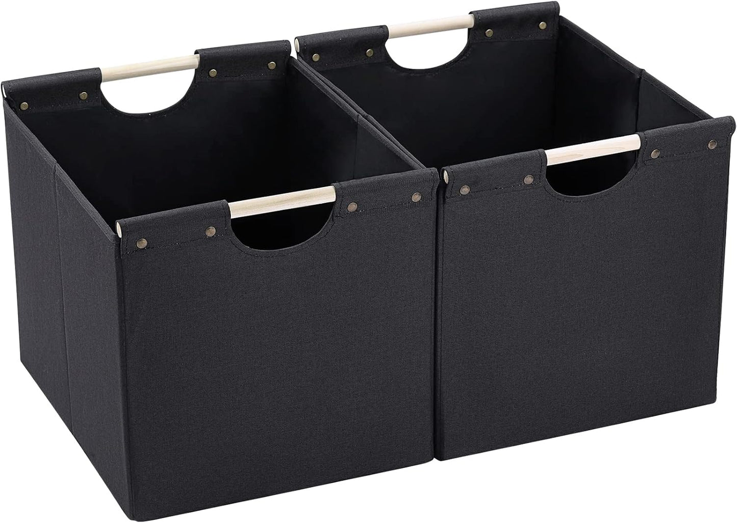 HOONEX Large Collapsible Storage Bins, Linen Fabric, Pack of 2, Storage Baskets with Wooden Carry Handles and Sturdy Heavy Cardboard, for Home, Office, Car, Nursery, Black