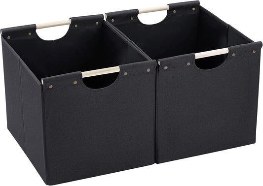 HOONEX Large Collapsible Storage Bins, Linen Fabric, Pack of 2, Storage Baskets with Wooden Carry Handles and Sturdy Heavy Cardboard, for Home, Office, Car, Nursery, Black