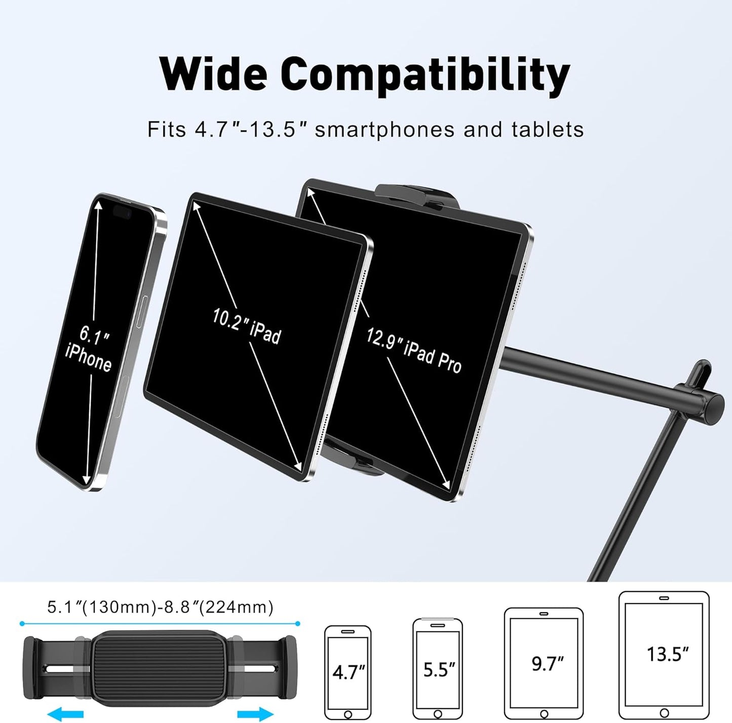 AboveTEK Tablet Stand Holder for Desk & Bed, Aluminum iPad Holder Arm with 360° Rotating Clamp, Adjustable Phone Stand Compatible with 4.7"-13.5" iPad Pro/Air/Mini, iPhone, Galaxy Tab- Black