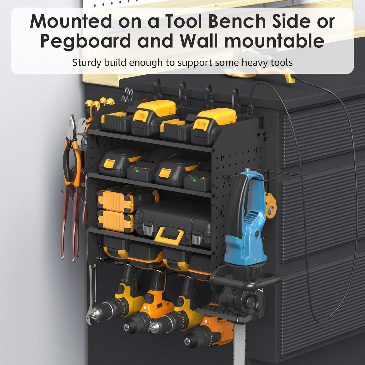 CCCEI Modular Pegboard Rack Power Tool Organizer with Charging Station. 4 Layer Wall Mount Drill Holder, Tools Battery Charger Organizer. Garage Shop Storage Utility Shelf with 6FT Power Strip. Black