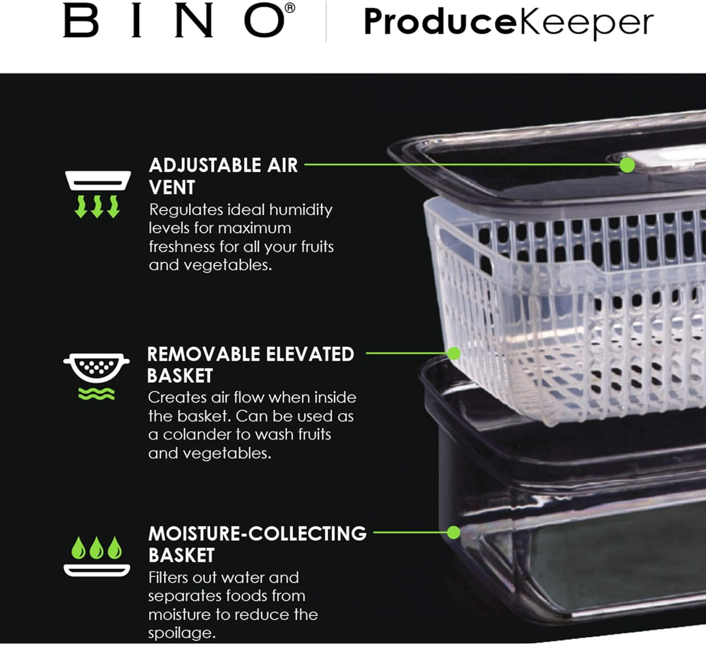 BINO | Produce Saver - 23.7 Cup/5.6L | Fridge Storage Containers for Fruits and Vegetables | Vegetable Storage with Adjustable Air Vent, Removable Basket | BPA-Free Fridge Organizers and Storage
