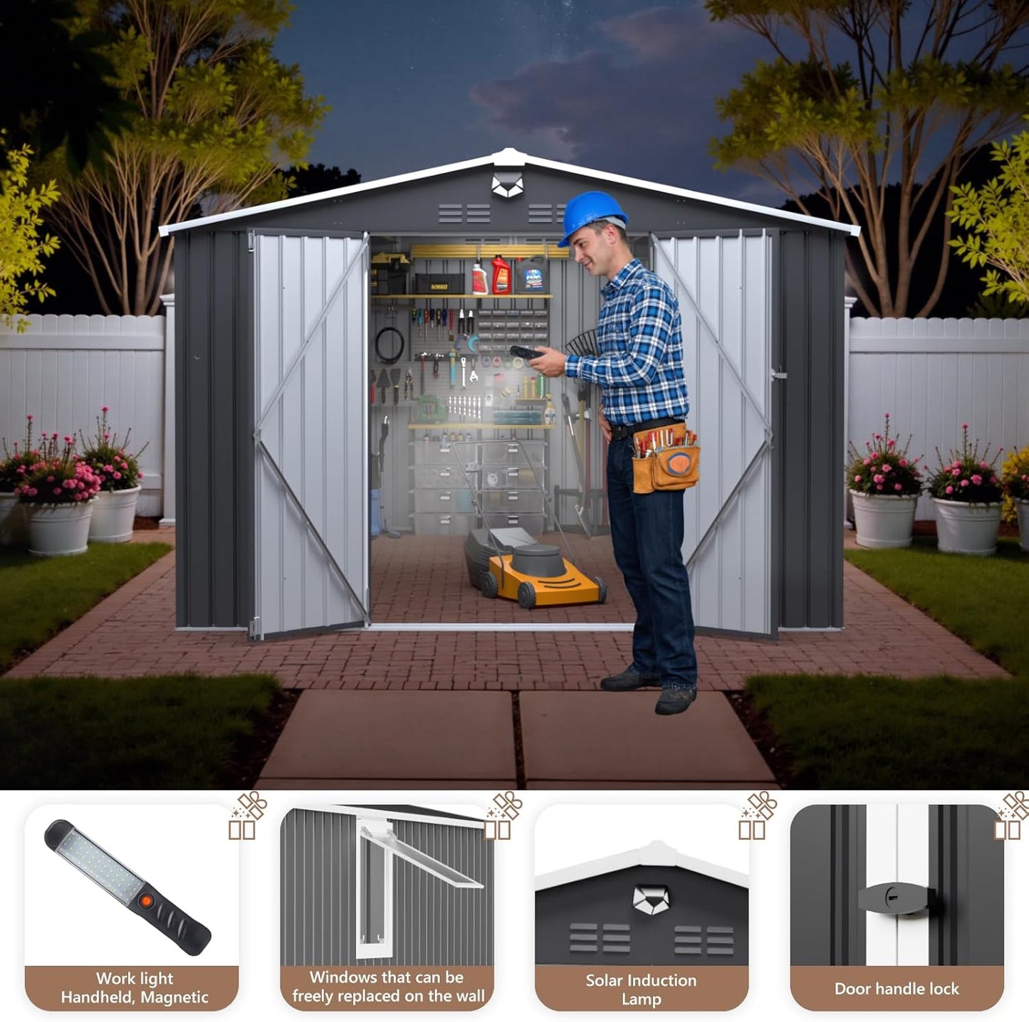 10x12 FT Outdoor Storage Shed, Metal Garden Shed - Tool Storage Sheds with Lockable Doors & 1 Vented Clear Window, Waterproof Outside Storage Building for Backyard, Patio (Black; Floor Not Included)