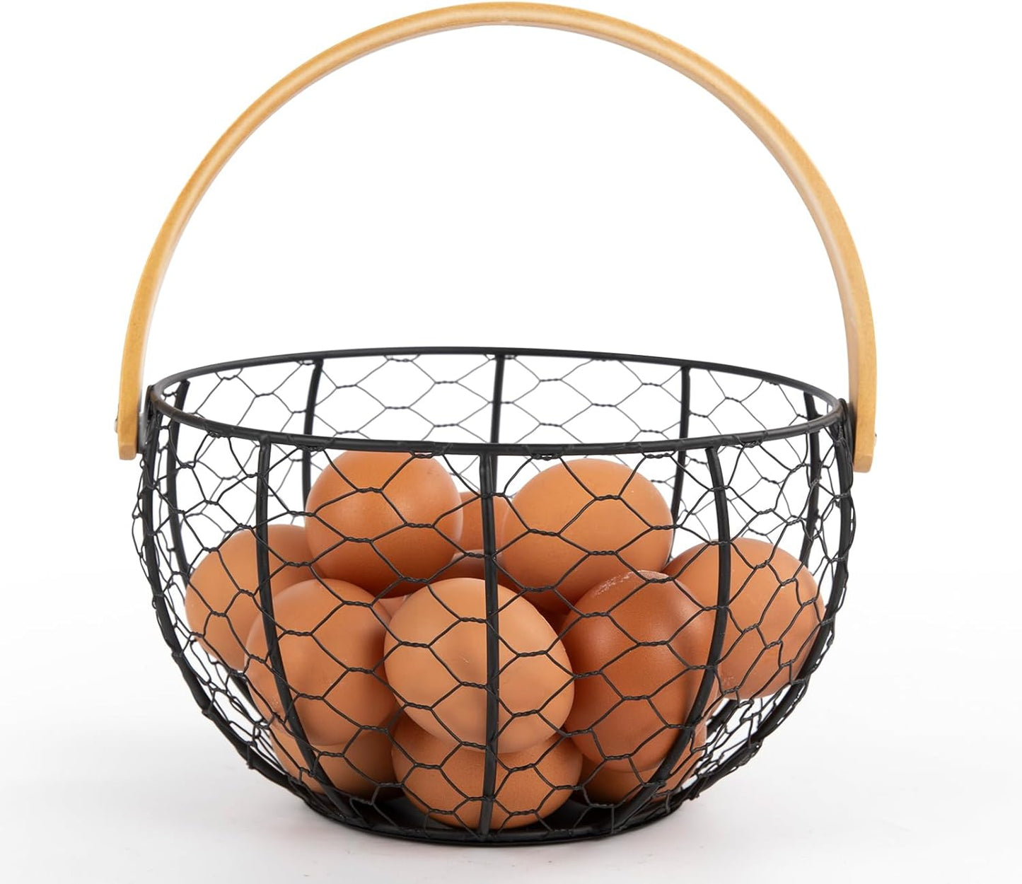Farmhouse Wire Egg Basket for Gathering Fresh Eggs with Wooden Handle, Vintage Style Metal Egg Collecting Basket Countertop Storage Container Holder for Kitchen Decor and Fruit Bin (Black)