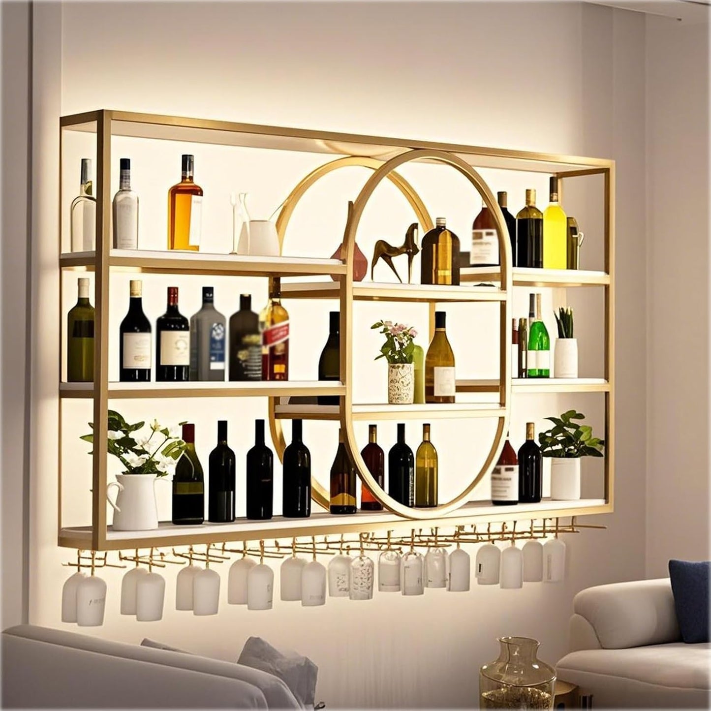 Large Wall Mount Wine Rack, Metal 4 Tier Large Capacity Hanging Bar Rack with Wine Glass Holder, Oval Wine Bottle Storage Display Rack for Kitchen, Living Room, Home (Gold, 180cm/71in)
